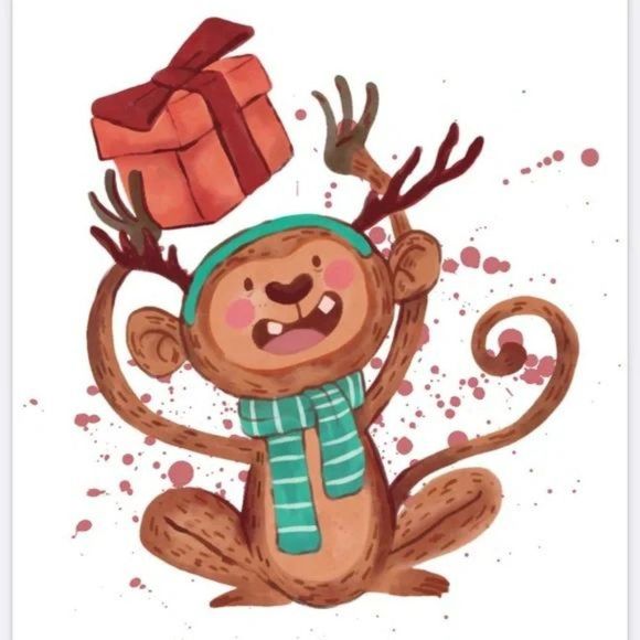 Christmas Animal Wall Art Winter Holiday Monkey with gift home decor art Print - Picture 3 of 4